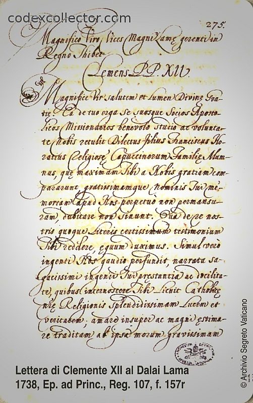 L'archivio Segreto Vaticano - Lettera di Clemente XII al Dalai Lama 1738